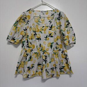 Girl With Curves Top A491902 White with Lemon Print Rounded Neck Plus 1X